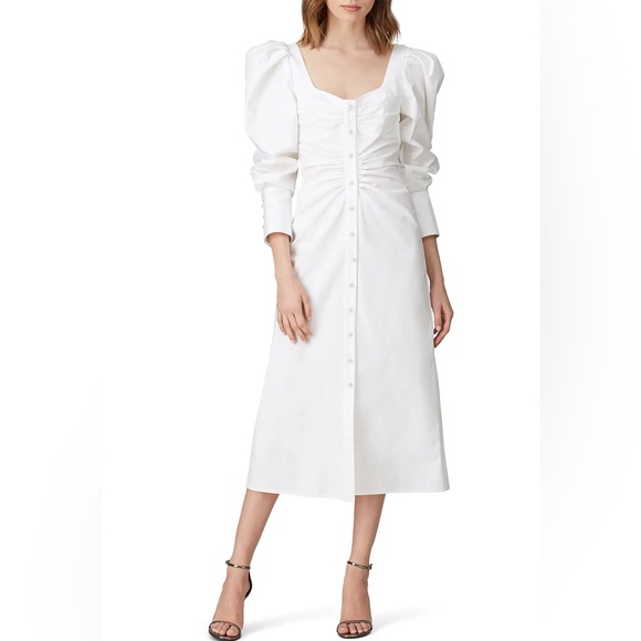 Prabal Gurung White Sweetheart Neckline Faux Pearl Button Front Ruched Dress 10 - Picture 1 of 7